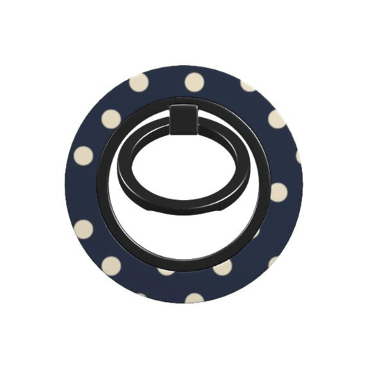 Phone ring holder with navy blue base and white polka dots on a white background