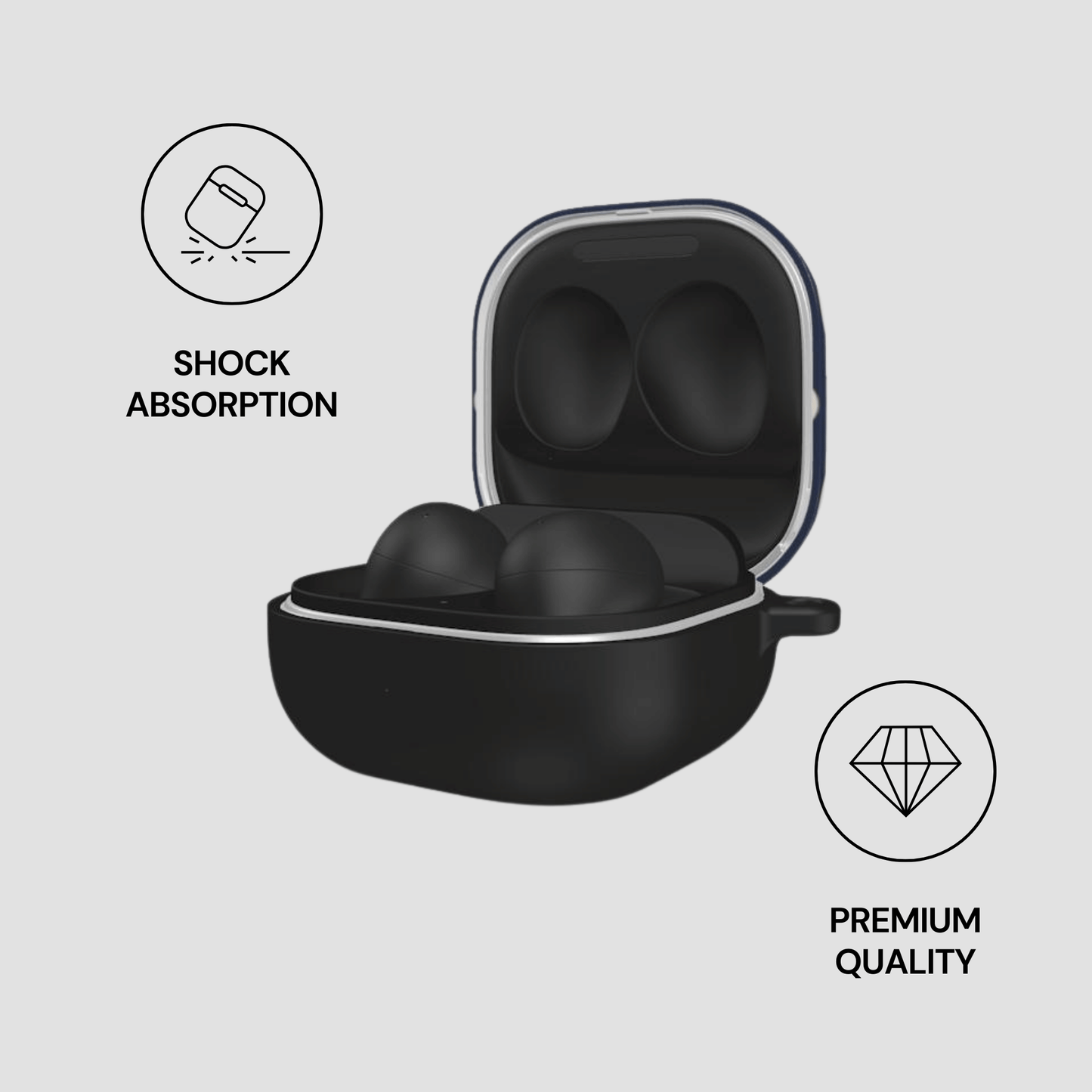 Black earbud case with open lid on a light gray background, featuring icons for shock absorption and premium quality.
