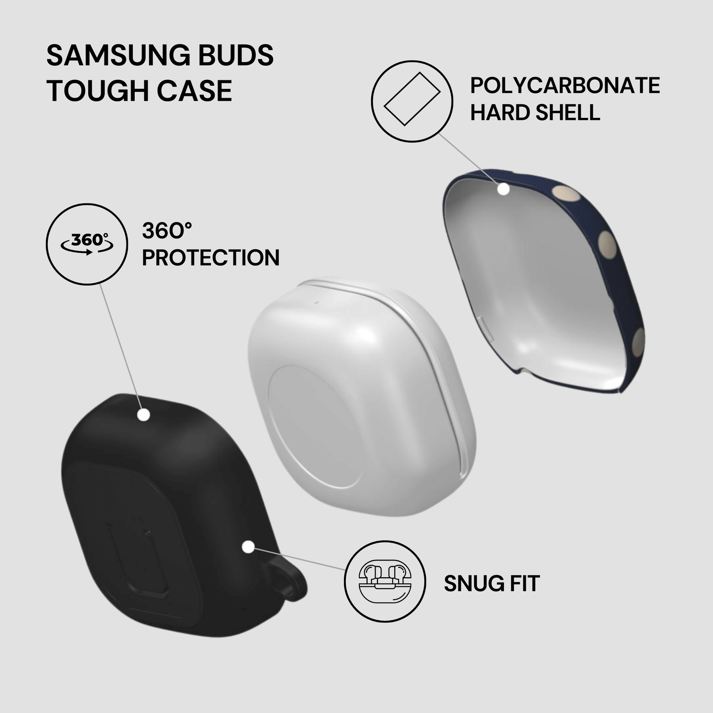 Samsung Buds Tough Case with features highlighted on a light gray background