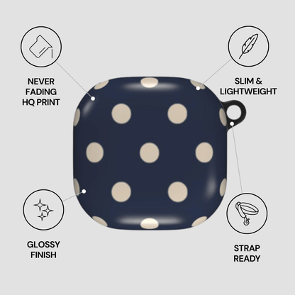 Navy blue case with beige polka dots on a gray background with feature icons.
