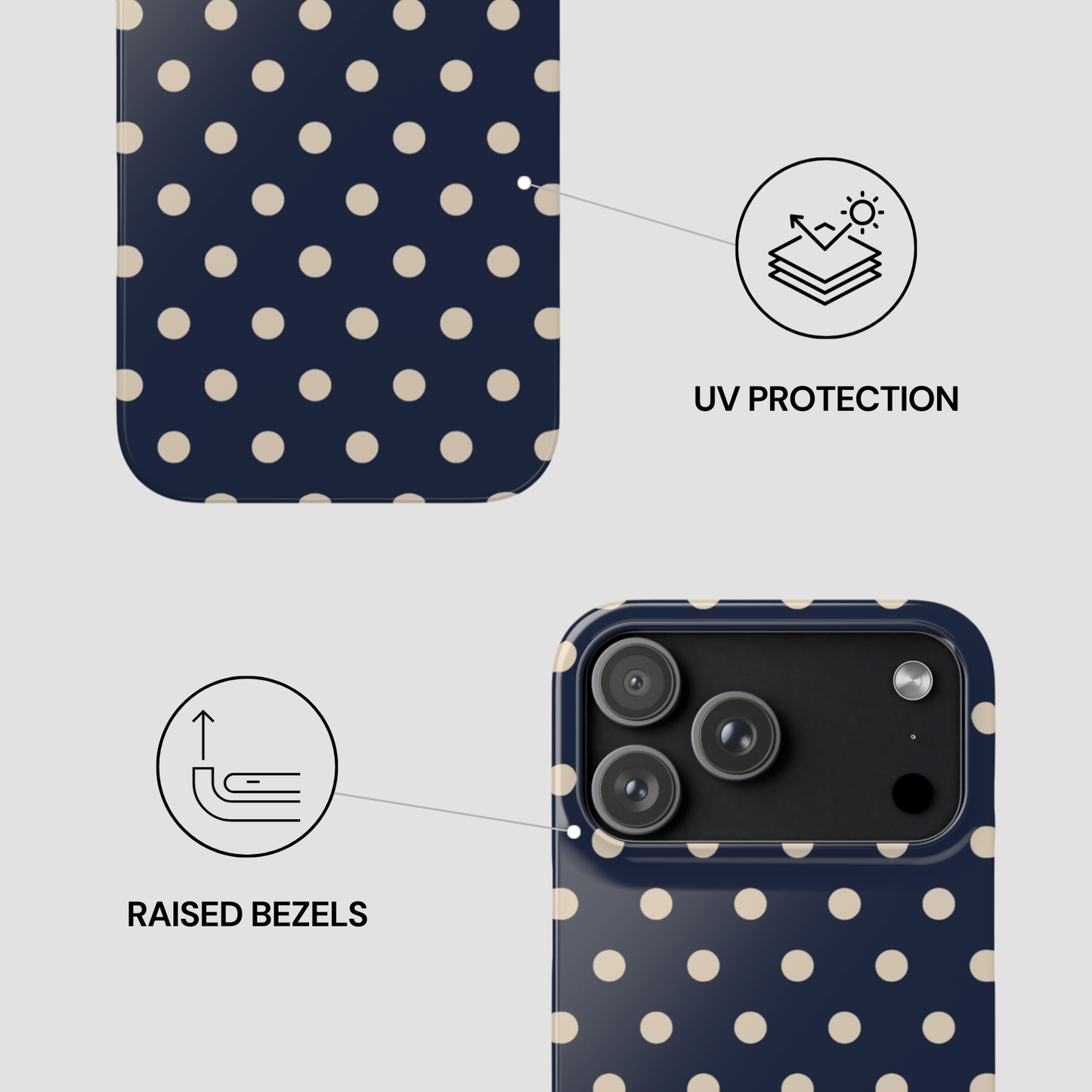 Phone case with polka dot pattern and text indicating UV protection and raised bezels.