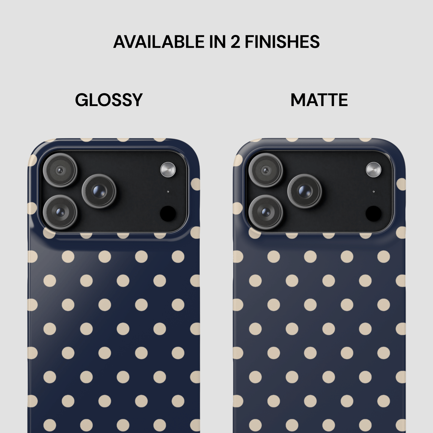 Two polka dot phone case designs, one glossy and one matte, on a white background.