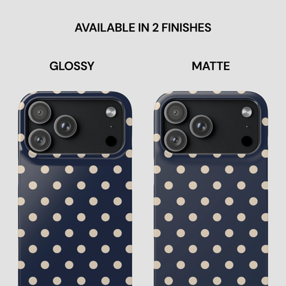 Two polka dot phone case designs, one glossy and one matte, on a white background.