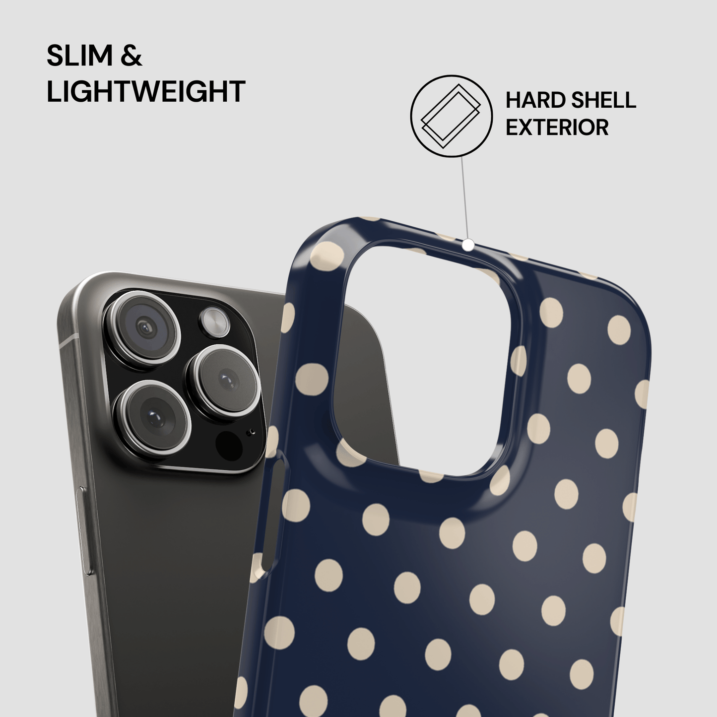 Navy phone case with white polka dots on a gray background