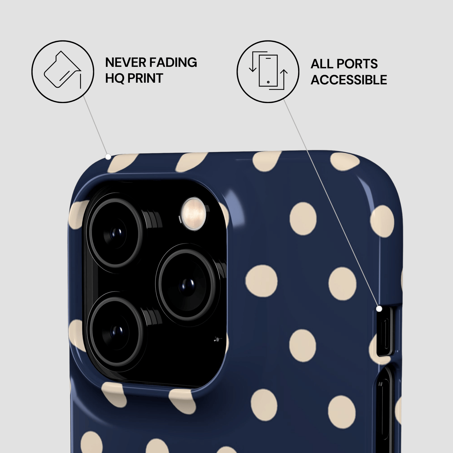 Navy blue phone case with white polka dots on a light gray background