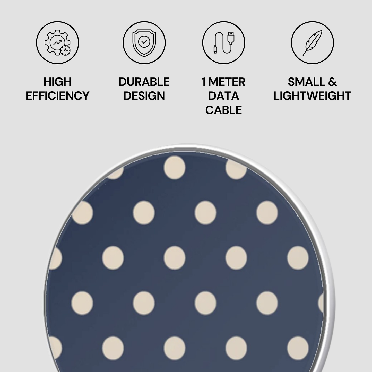 Polka dot product with icons and text on a gray background