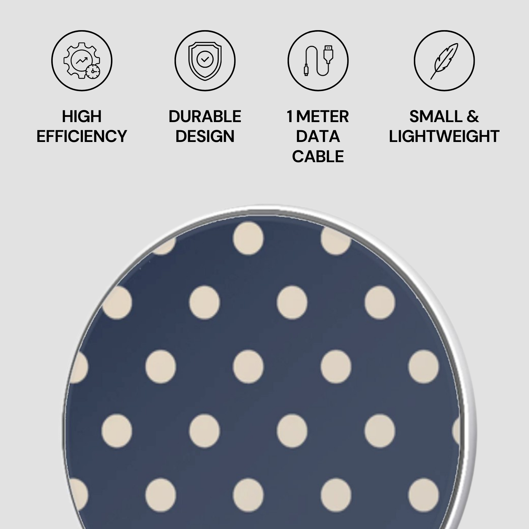 Polka dot product with icons and text on a gray background