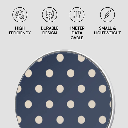 Polka dot product with icons and text on a gray background