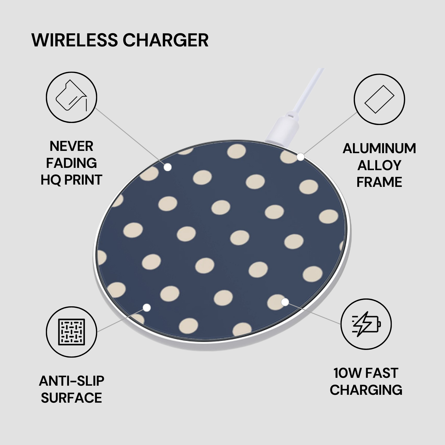 Wireless charger with polka dot design on a light gray background