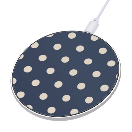 Wireless charging pad with polka dot pattern on a white background