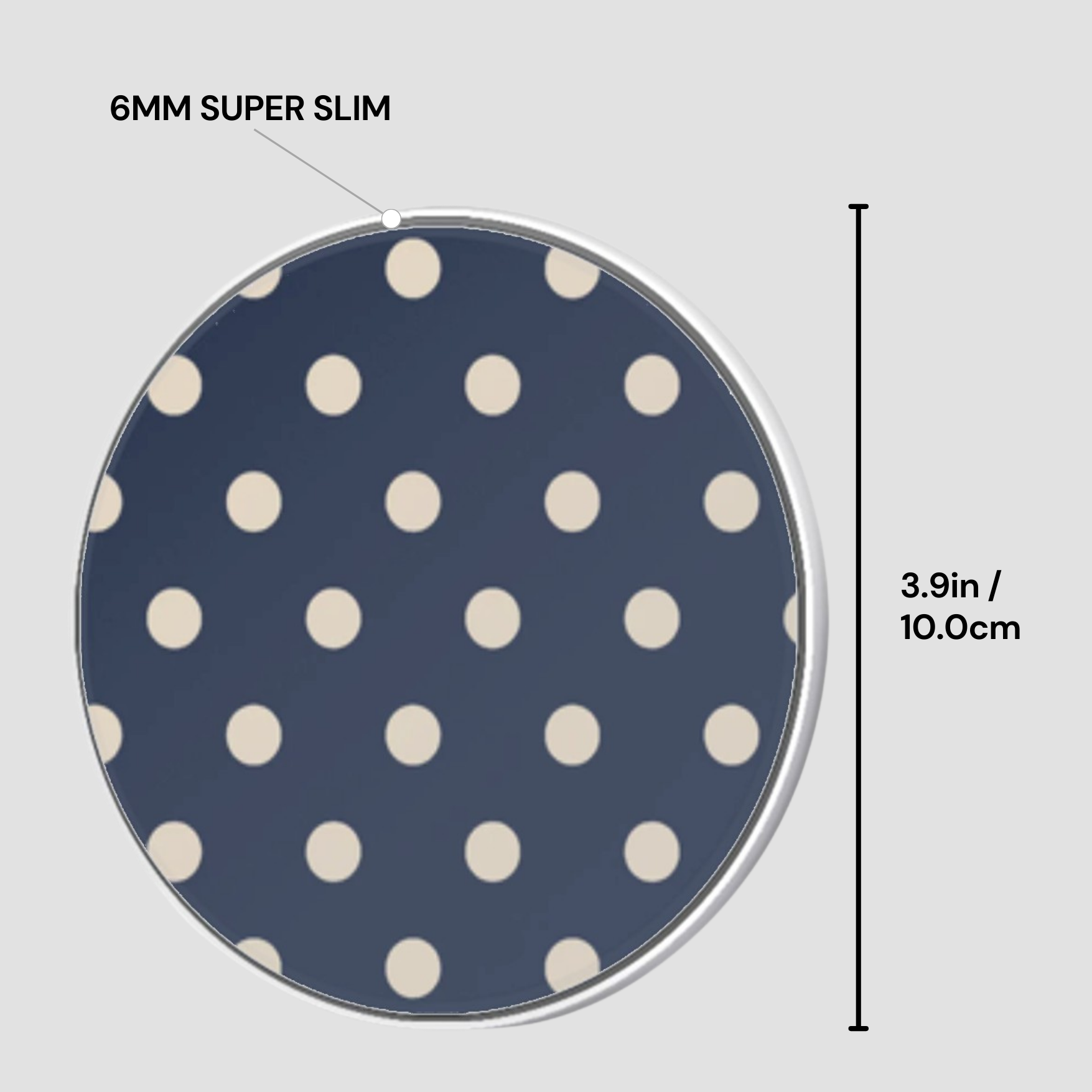 Navy blue circular object with white polka dots and measurement details on a light gray background