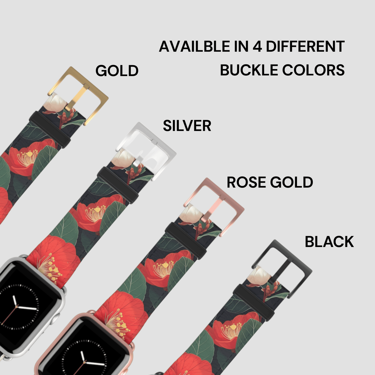 Floral patterned watch band with buckle color options on a white background