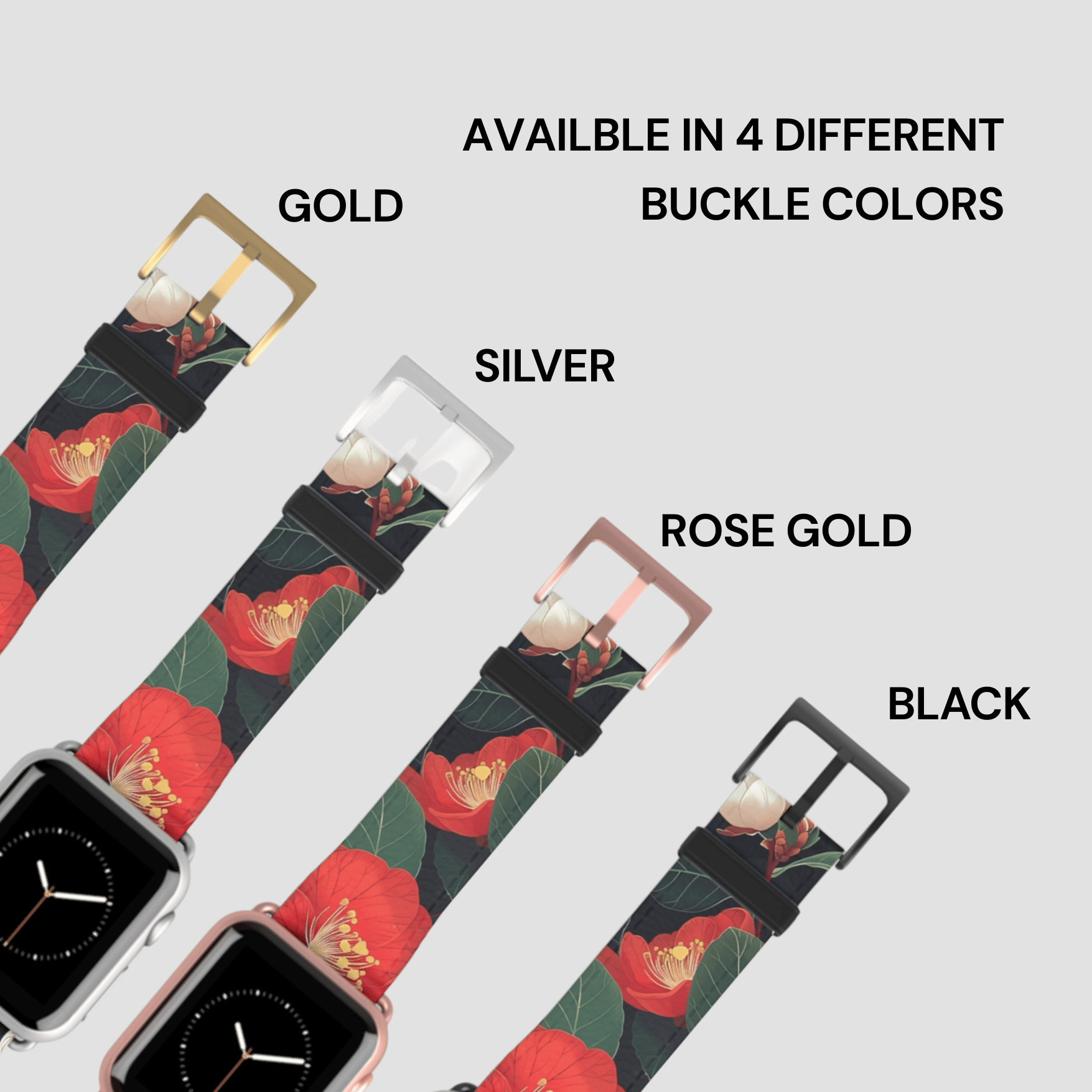 Floral patterned watch band with buckle color options on a white background