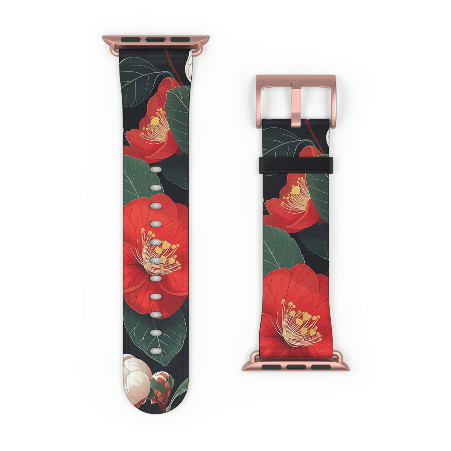 Watch strap with red floral design on a white background