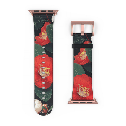 Watch strap with red floral design on a white background