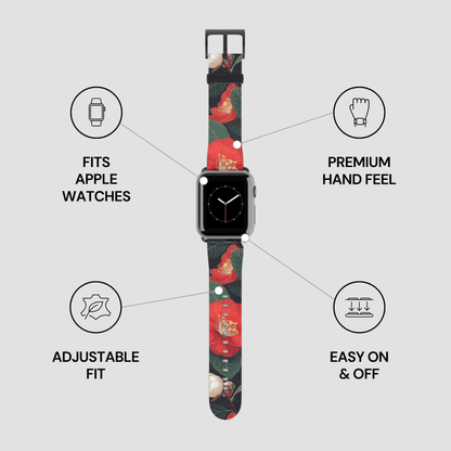 Floral patterned watch band with features listed on a gray background