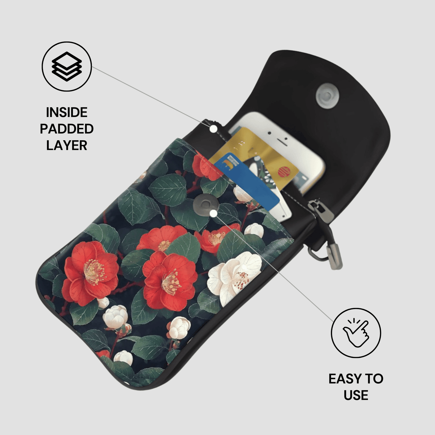 Floral-patterned pouch with phone and cards, labeled 'Inside Padded Layer' and 'Easy to Use'.