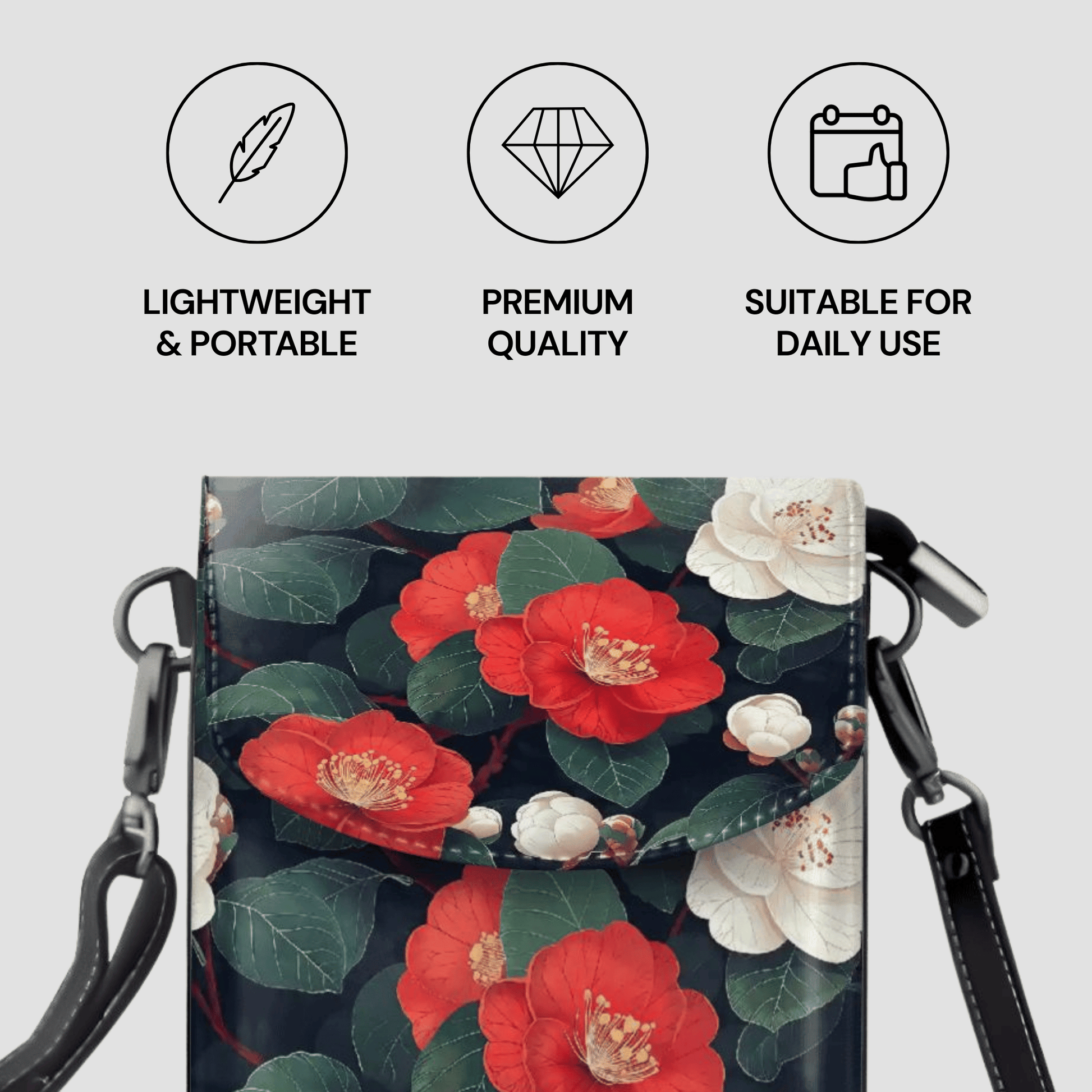 Floral patterned bag with features listed on a white background