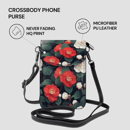 Floral crossbody phone purse with features highlighted on a light gray background