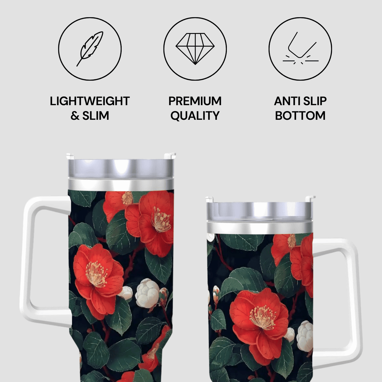 Two floral-patterned tumblers with features listed above on a light gray background