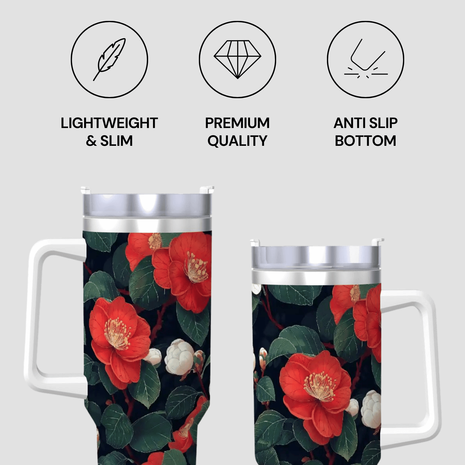 Two floral-patterned tumblers with features listed above on a light gray background