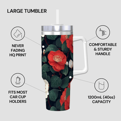 Floral-patterned tumbler with features highlighted on a gray background