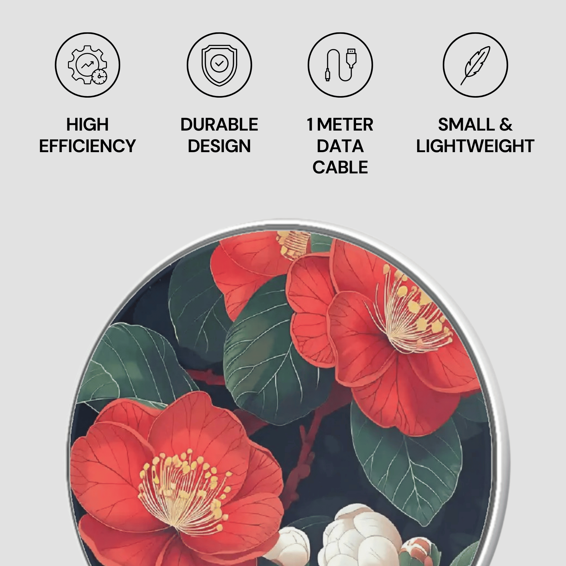 Product feature display with red flowers and icons indicating high efficiency, durable design, 1 meter data cable, and small & lightweight.