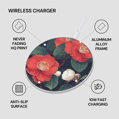 Wireless charger with floral design and feature highlights on a white background
