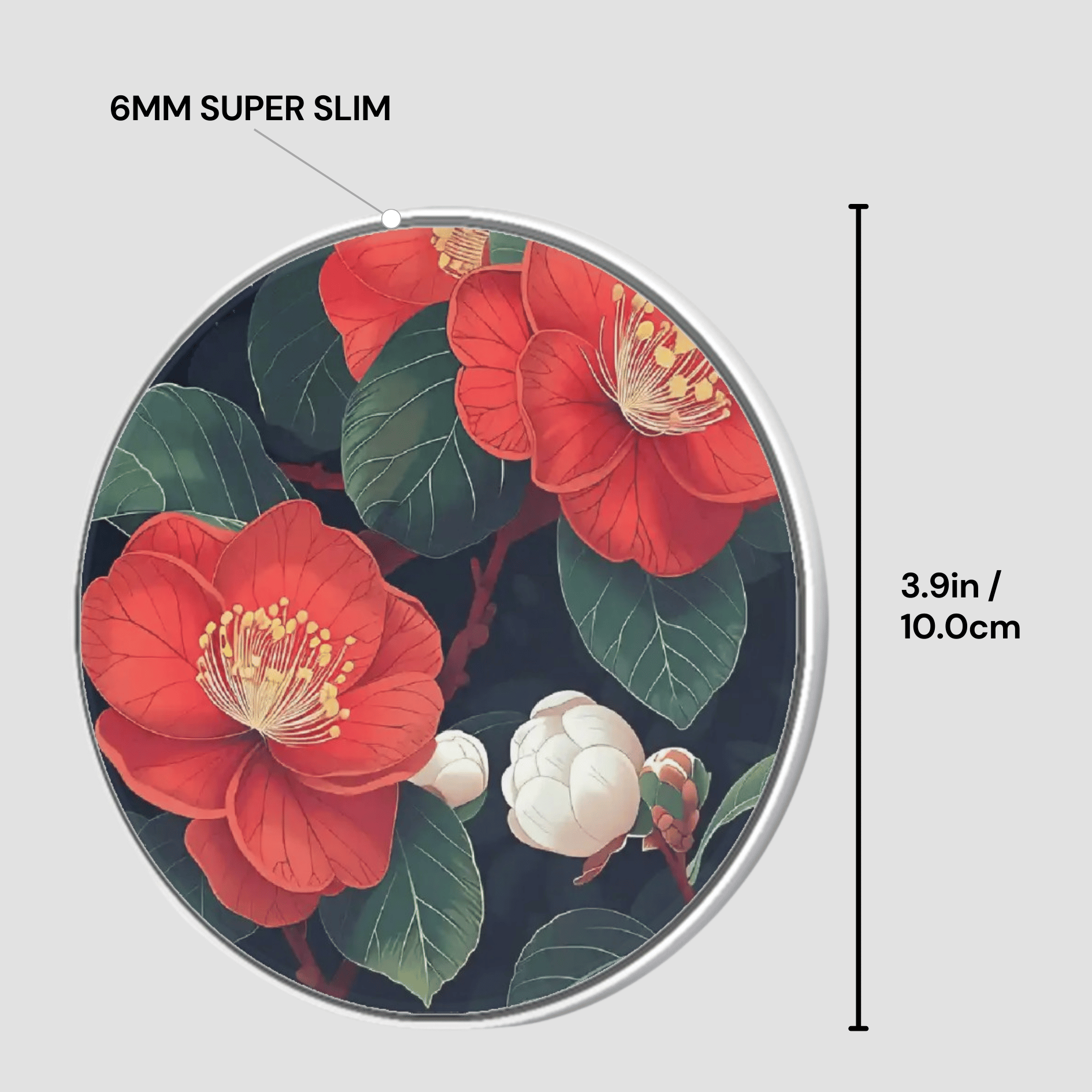 Circular product with red floral design and measurement details on a white background