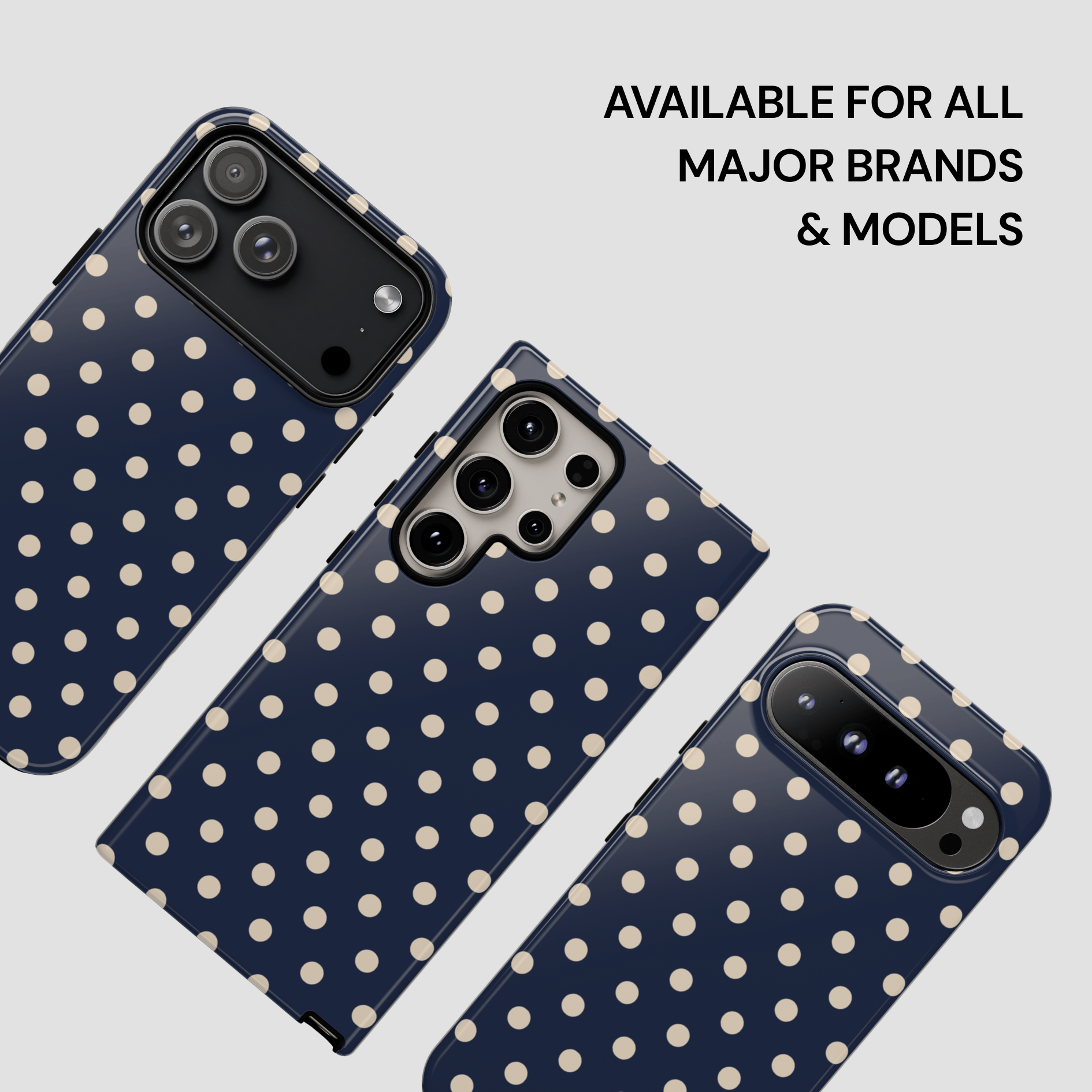 Navy blue phone case with white polka dots on a light gray background