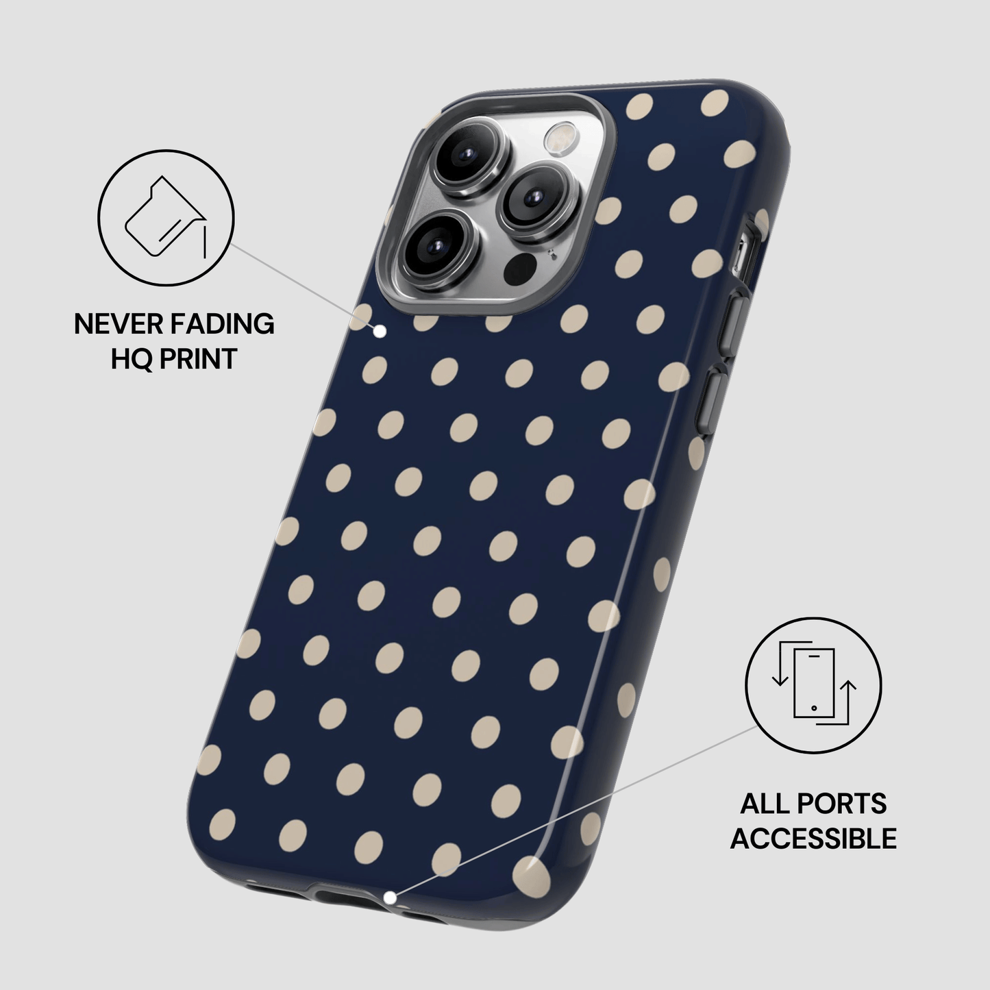 Navy blue phone case with white polka dots on a gray background