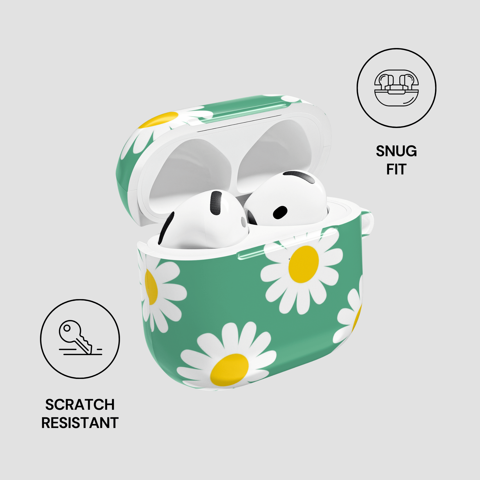 Wireless earbuds in a green case with daisy pattern on a light gray background