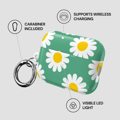Green case with daisy pattern, carabiner, wireless charging, and LED light features on a gray background
