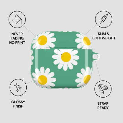 Green case with white daisy pattern on a gray background