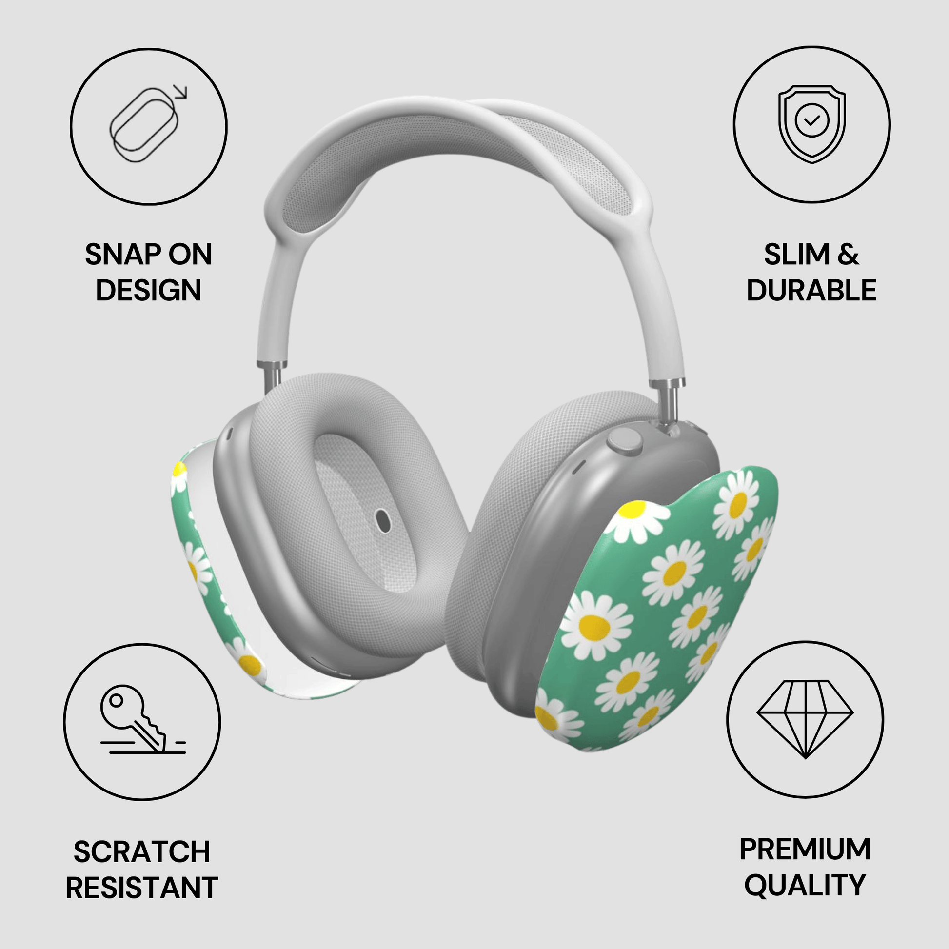 Gray headphones with floral design on a gray background, featuring icons and text about product features.