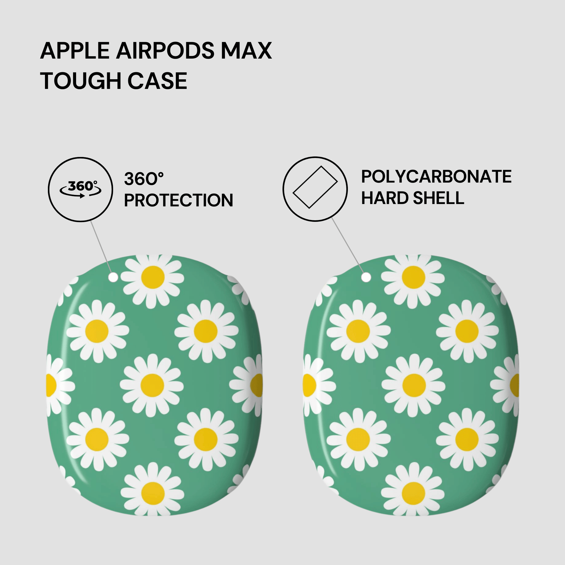 Green tough case with daisy pattern for Apple AirPods Max on a light gray background