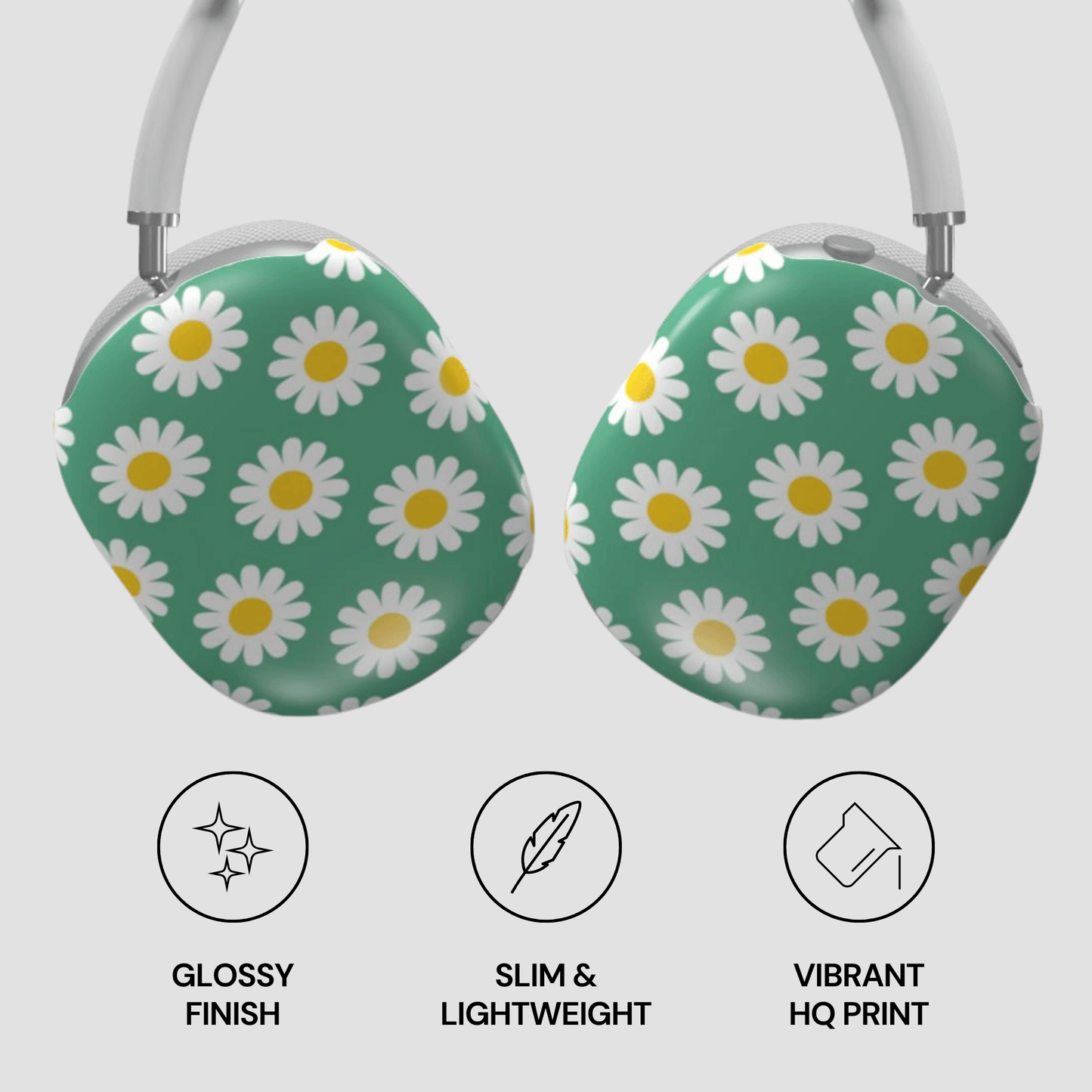 Green case with white daisy pattern on a gray background