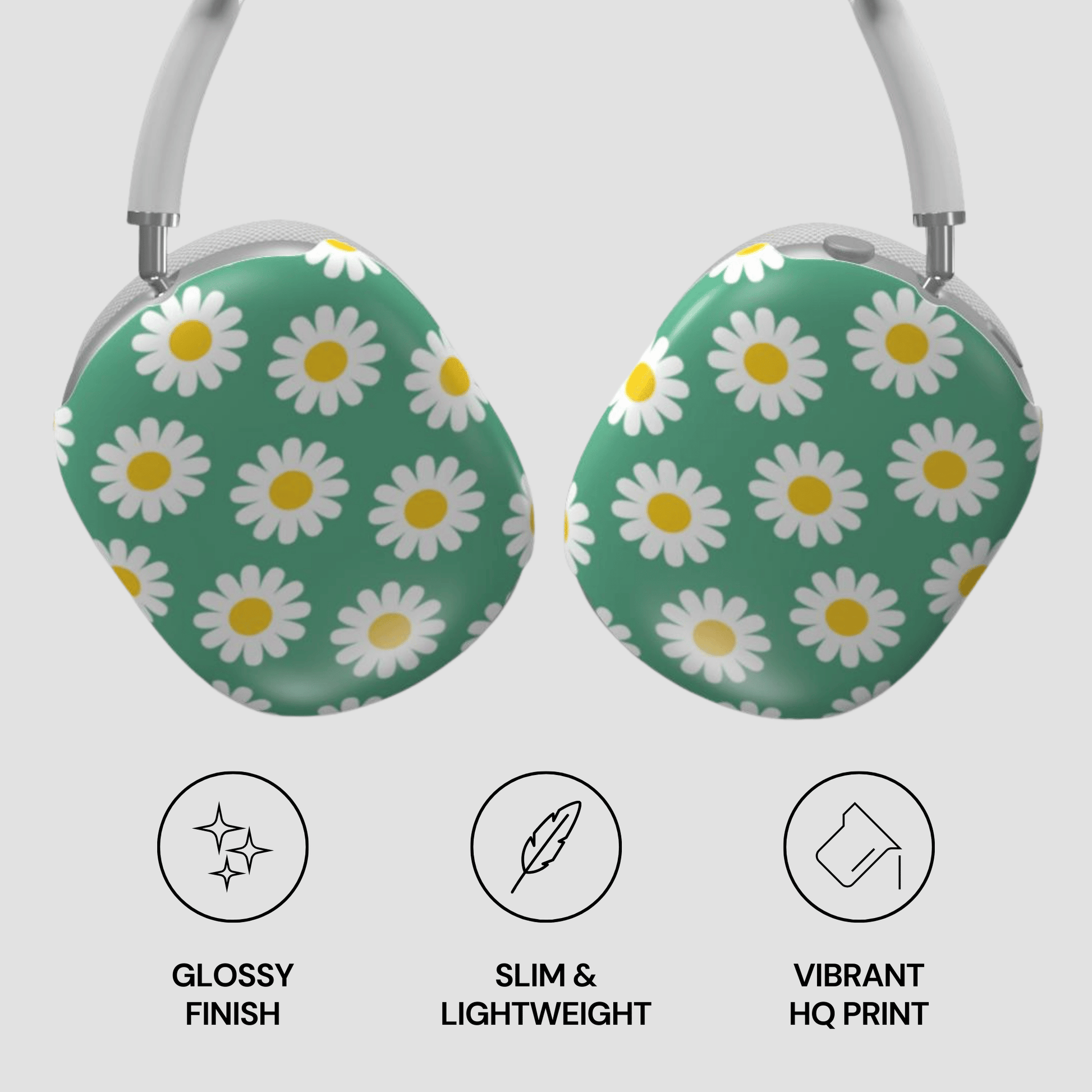 Green case with white daisy pattern on a gray background