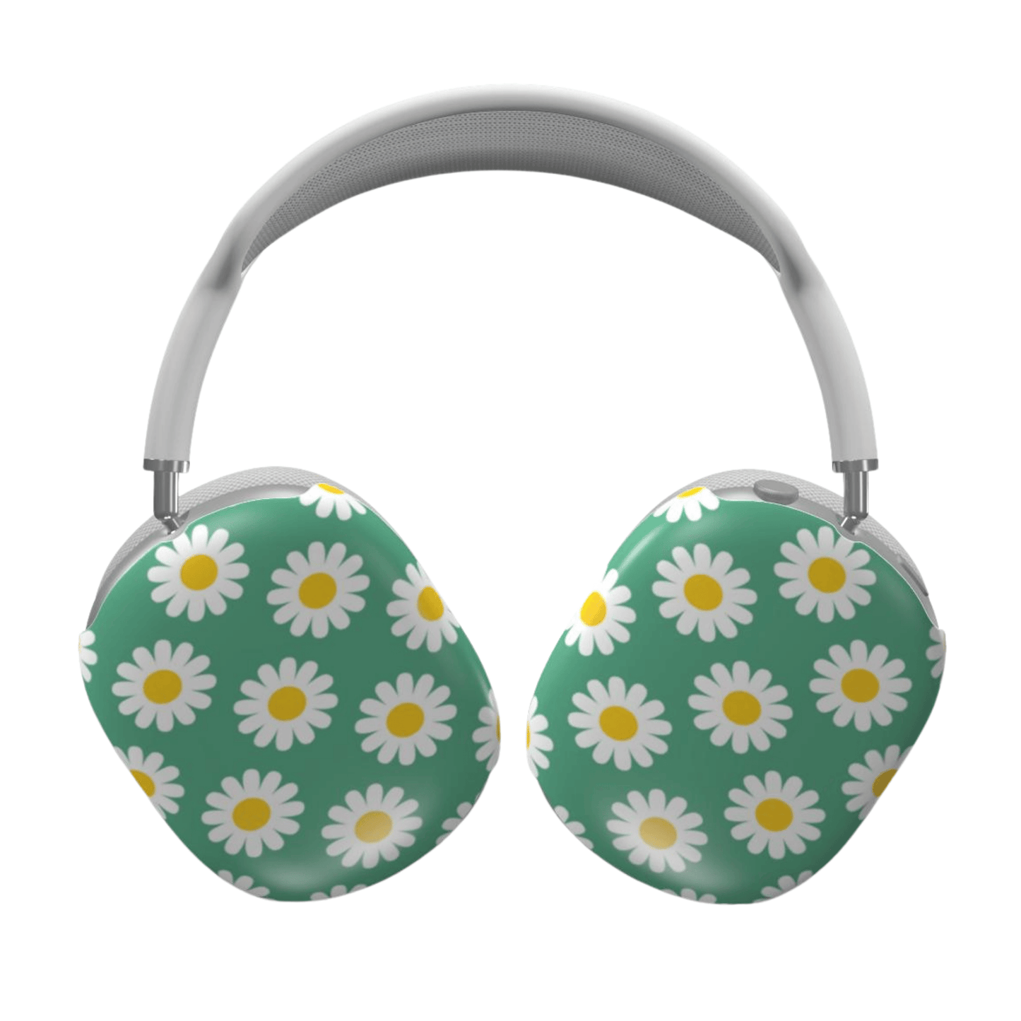 Headphones with daisy pattern on a green background