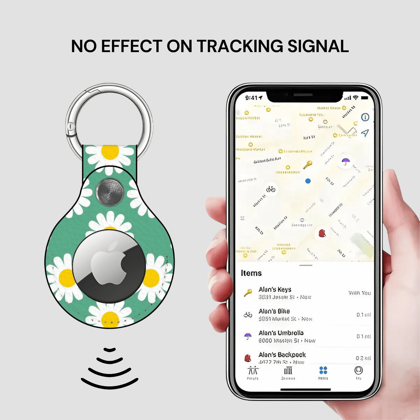 Green floral tracker with a keychain and a phone displaying a location app.