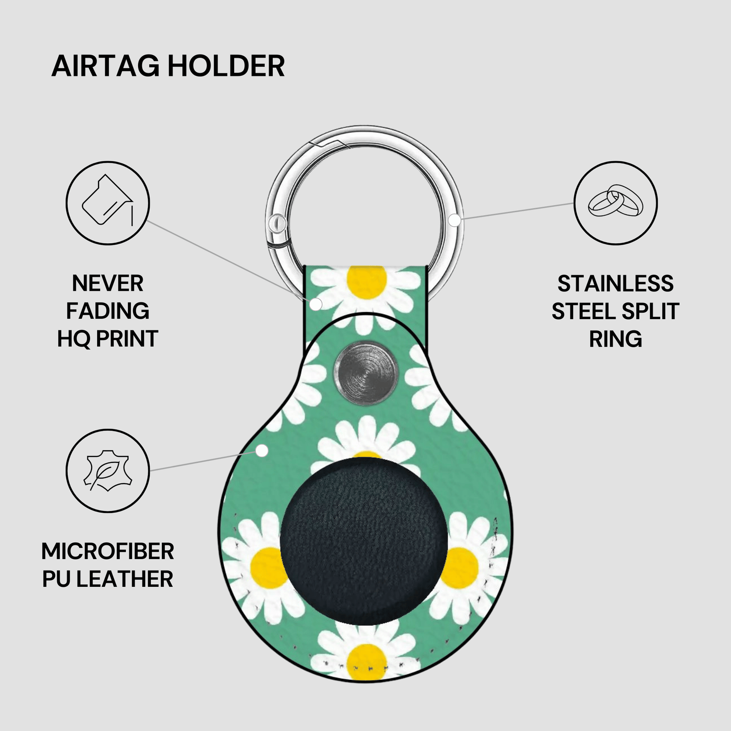 Airtag holder with daisy pattern on a gray background