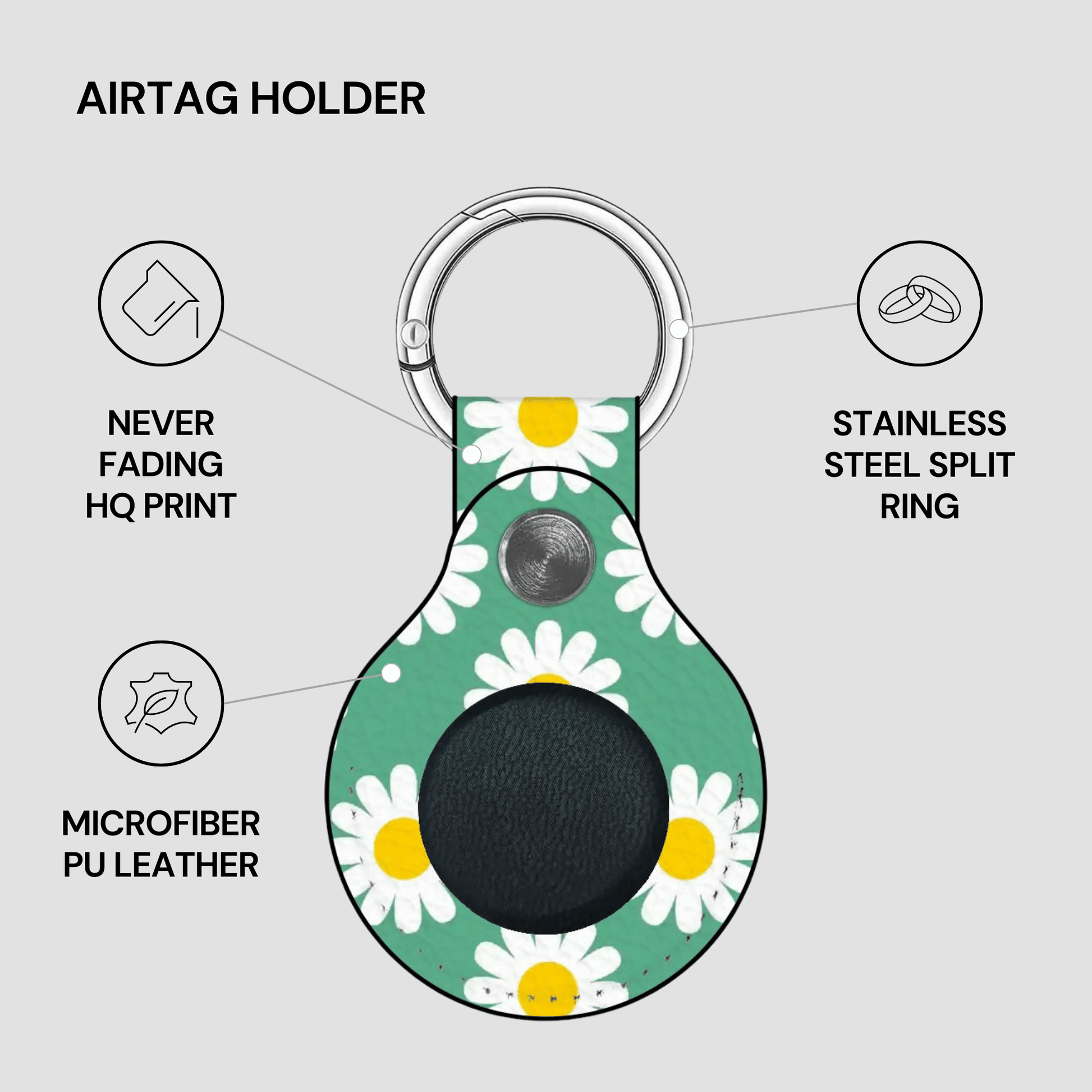 Airtag holder with daisy pattern on a gray background
