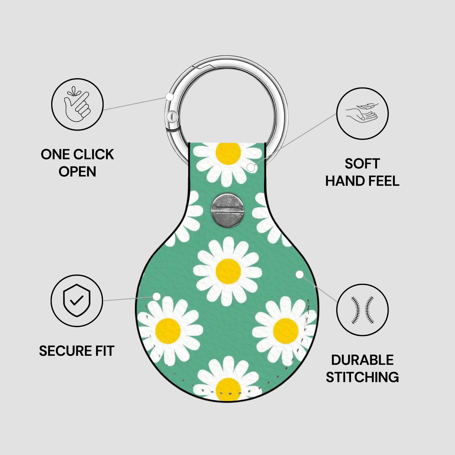 Keychain with daisy pattern on a gray background