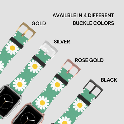 Green watch strap with white daisy pattern and four different buckle colors on a light gray background.