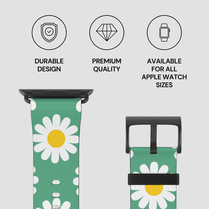 Green Apple Watch band with white daisies and yellow centers on a gray background, featuring durability, quality, and size availability text.