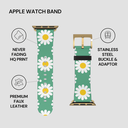 Green Apple Watch band with white daisy pattern on a gray background