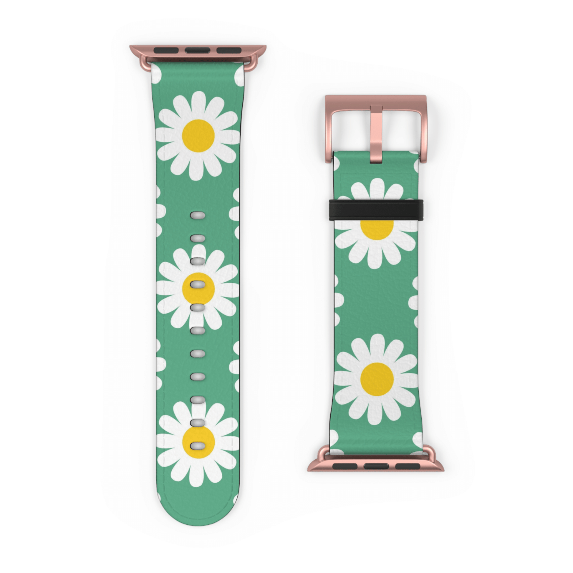 Green watch band with white daisy flowers on a white background
