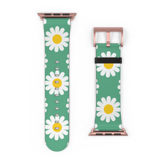 Green watch band with white daisy flowers on a white background