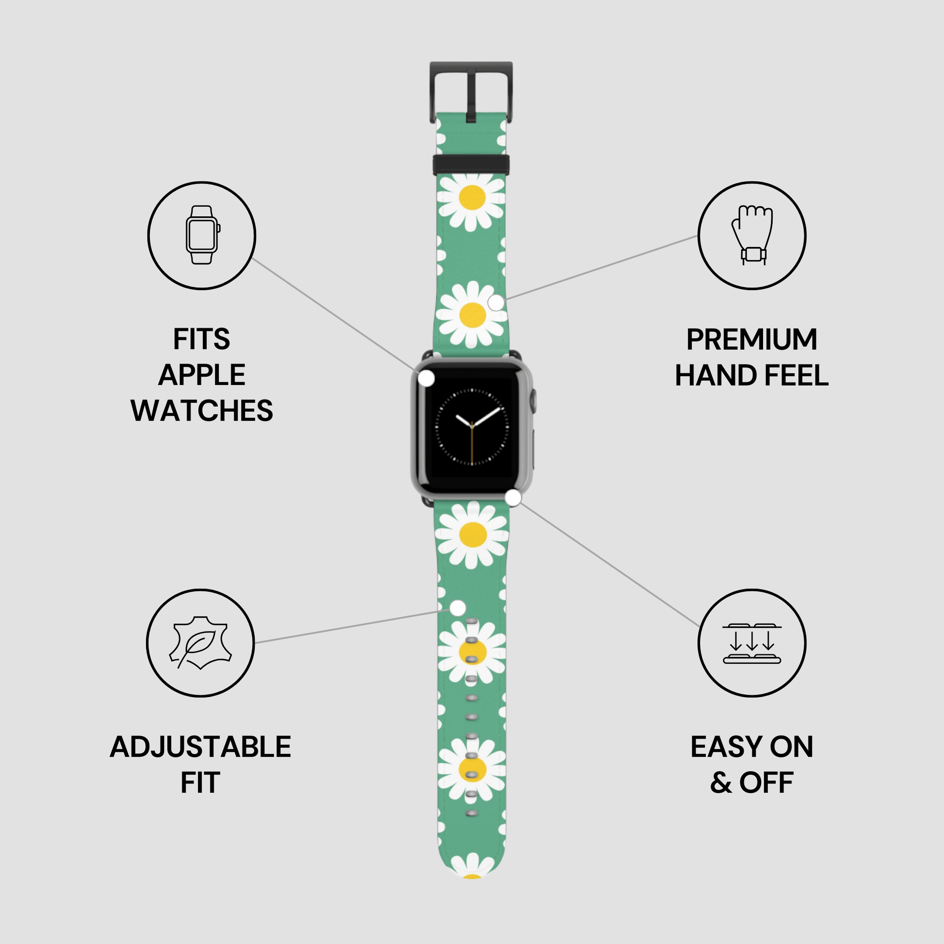 Watch band with daisy pattern on a gray background with feature icons.