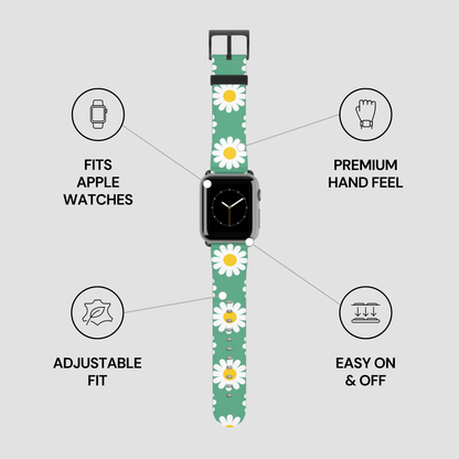 Watch band with daisy pattern on a gray background with feature icons.
